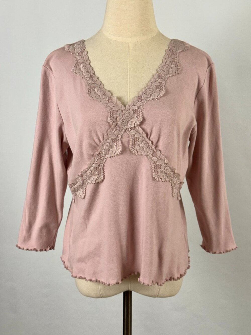 Y2K Pink Rib Babydoll Top 3/4 Sleeves Lace Trim Lettuce Hem Clean Girl Coquette